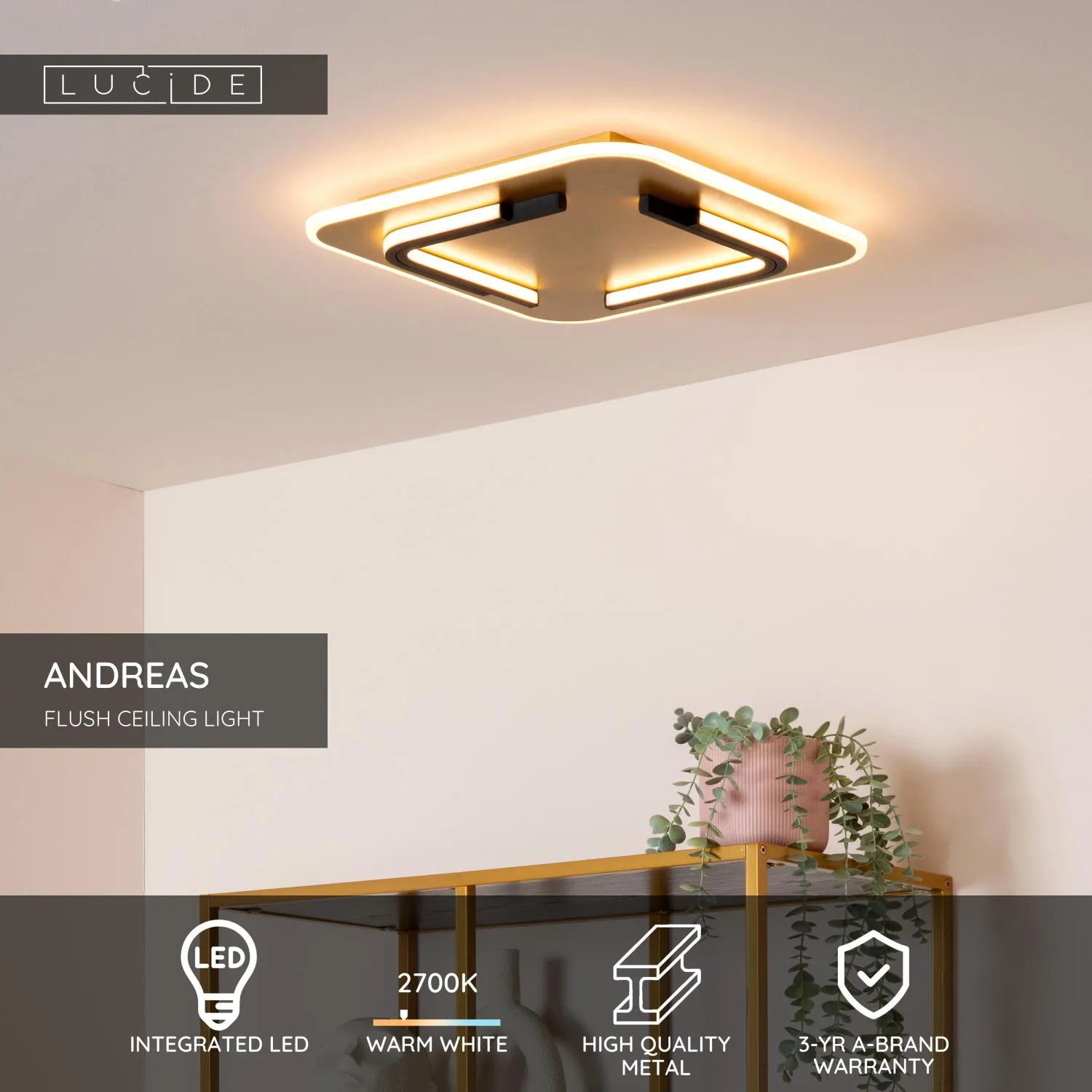 ANDREAS – Stropné svietidlo na zapustenie – LED – 1x30 W, 2700 K – matná zlatá / mosadz – Obrázok 3