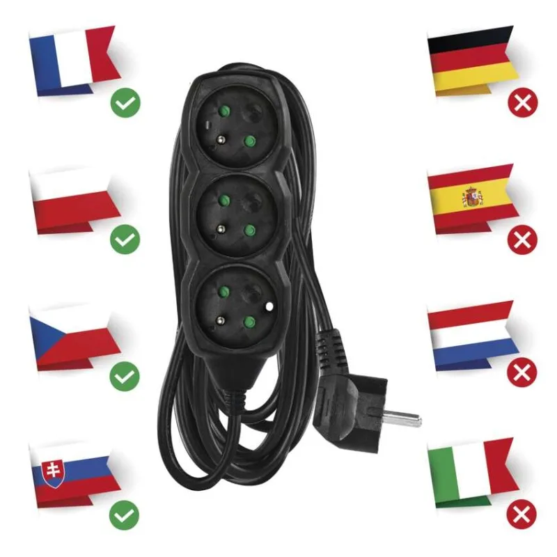 Predlžovací kábel 5 m / 3 zásuvky / čierny / PVC / 1,5 mm2 – Obrázok 5