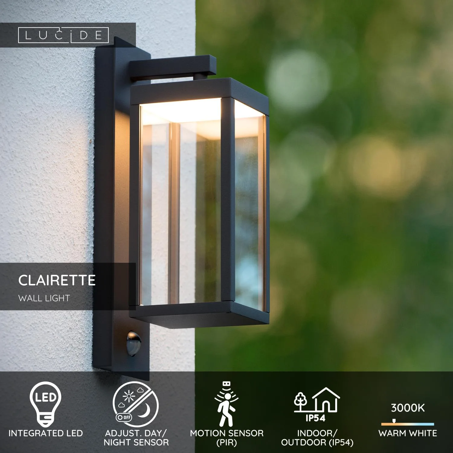 CLAIRETTE - Nástenné svetlo vnútorné/vonkajšie - LED - 1x13W, 3000K - IP54 - Senzor pohybu a den/noc - Antracit – Obrázok 3