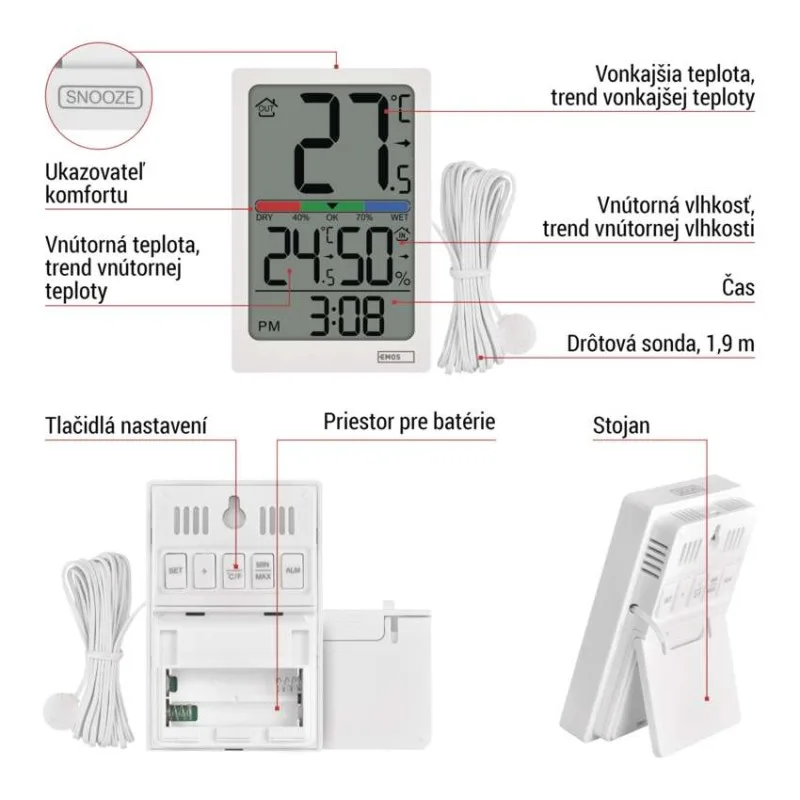 Digitálny teplomer s vlhkomerom, drôtový snímač, budík E0558P – Obrázok 5