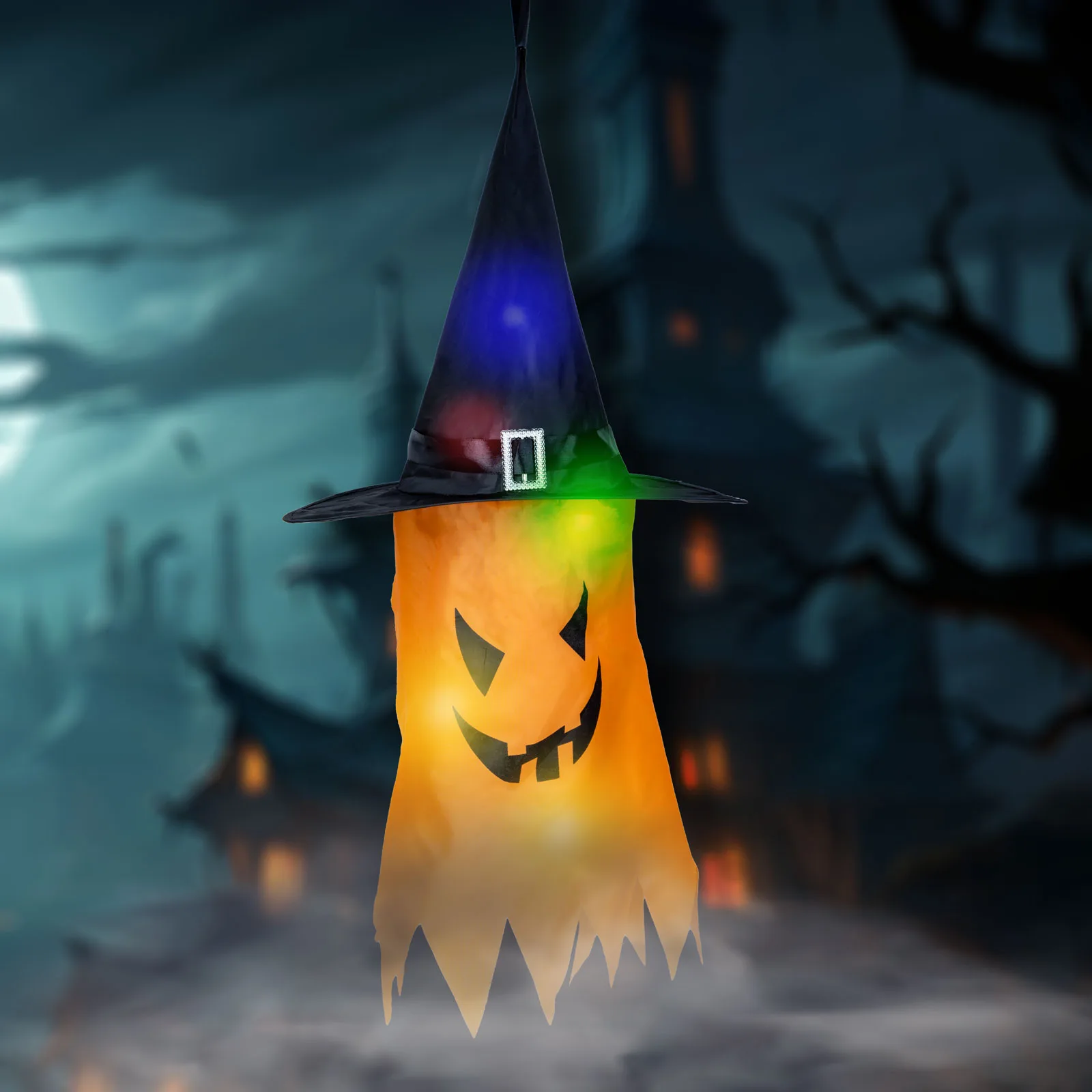 Halloweenska LED dekorácia - duch - žltá - 10 farebných LED - zavesiteľná - 2 x 2032 - 75 x 35 cm
