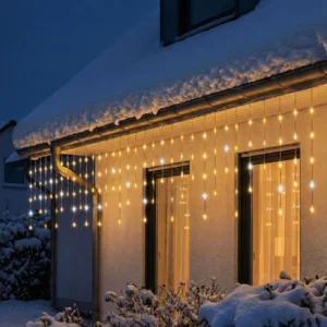 LED žiariaci svetelný reťazec cencúle, na vonkajšie použitie, 300 ks DOT LED (medzi teplými bielymi blikajúce studené biele)