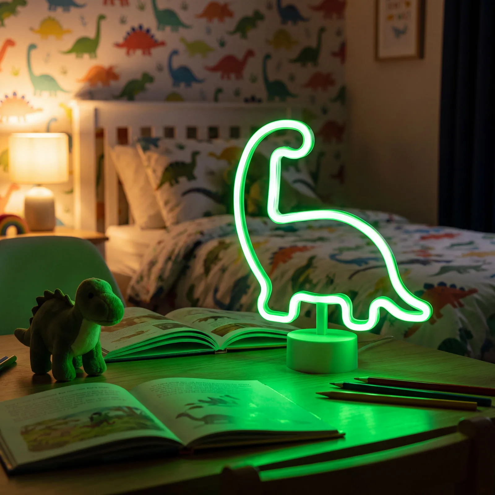 Neónová LED lampa - zelený dinosaurus - 3 x AA + USB - 25,9 x 8,5 x 24,3 cm