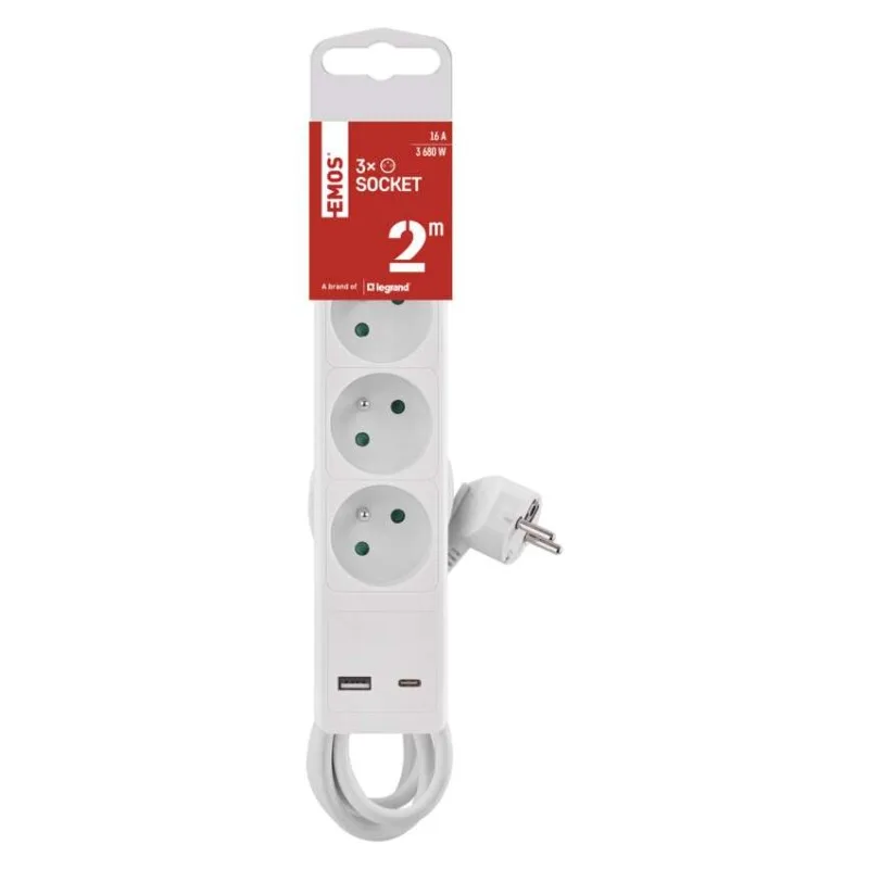 Predlžovací kábel 2 m / 3 zásuvky / s vypínačom / biely / 1×USB-A + 1×USB-C / 1,5 mm2 – Obrázok 3