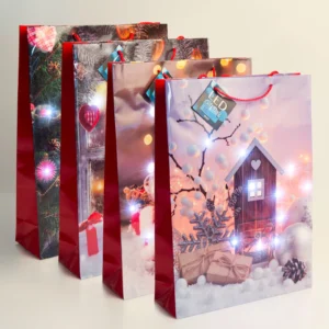 Darčeková taška - 10 studených bielych LED, papier - 330 x 102 x 457 mm - 4 druhy / balenie, balenie 12 ks