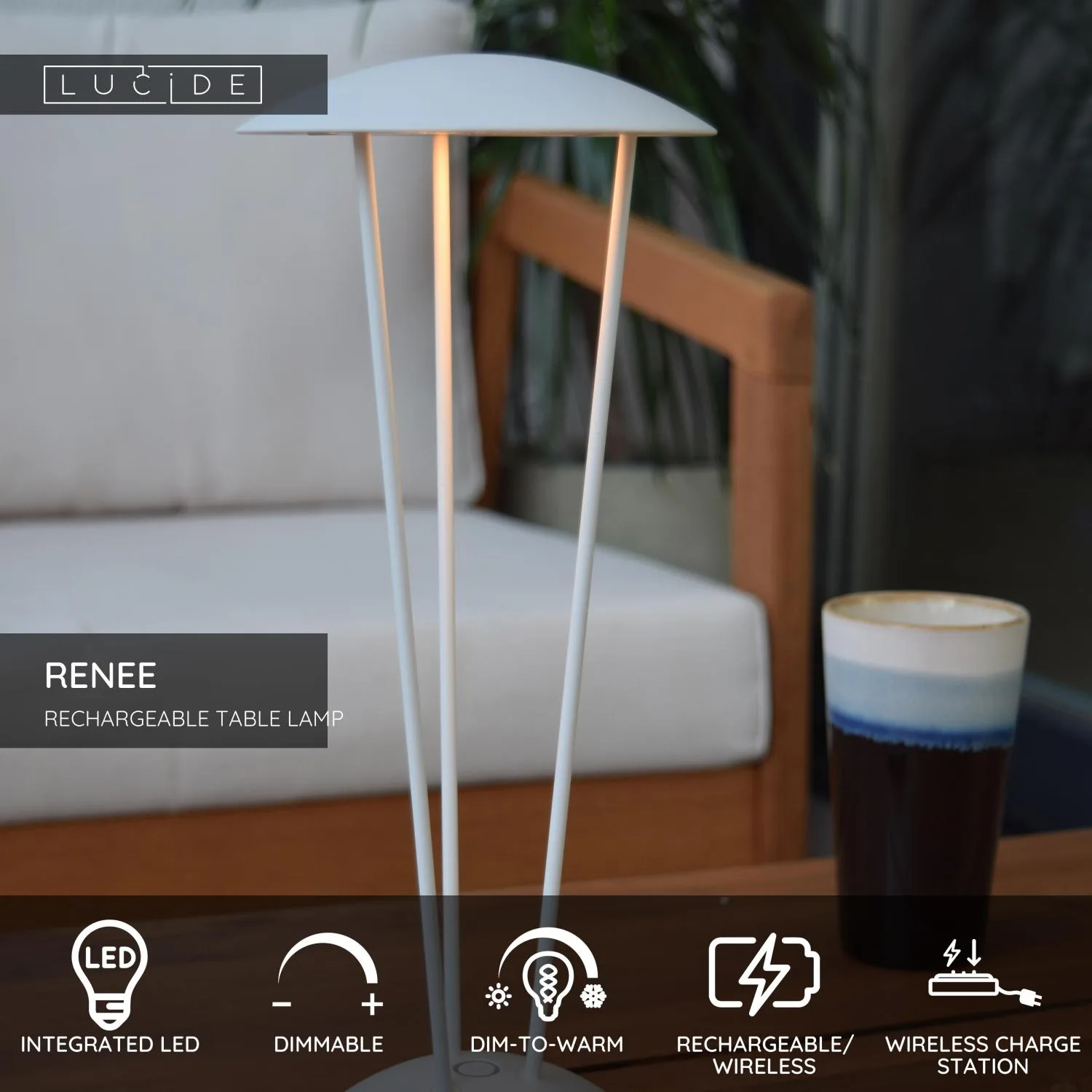 RENEE – Nabíjateľná stolná lampa do interiéru/exteriéru – Akumulátor – Ø 12,3 cm – LED s reguláciou intenzity a teploty svetla – 1x2,2 W 2700 K/3000 K – IP54 – S bezdrôtovou nabíjacou podložkou – Biela – Obrázok 3