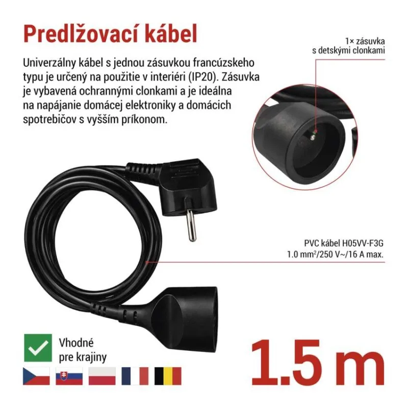 Predlžovací kábel 1,5 m / 1 zásuvka / čierny / PVC / 1 mm2 – Obrázok 4