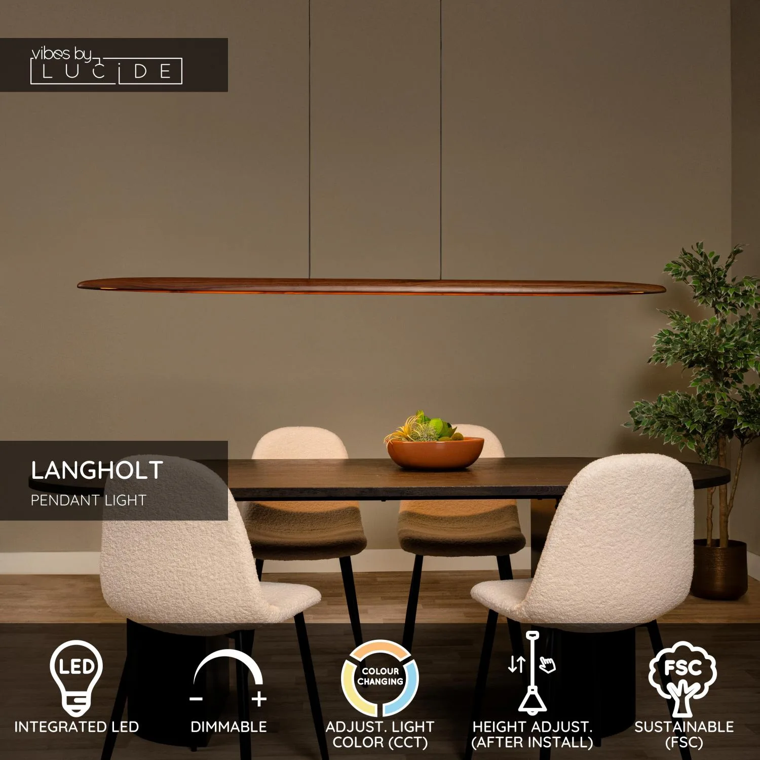LANGHOLT – Zavesené svietidlo – LED s reguláciou jasu – CCT – 1x28 W 2200 K/4000 K – vzhľad svetlého dreva | Vibes – Obrázok 3