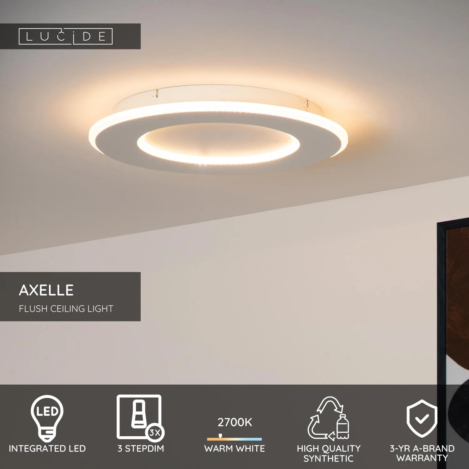 AXELLE – Stropné svietidlo na montáž do roviny – Ø 39,6 cm – LED s 3-stupňovým stmievaním – 1x24 W, 2700 K – biela – Obrázok 3