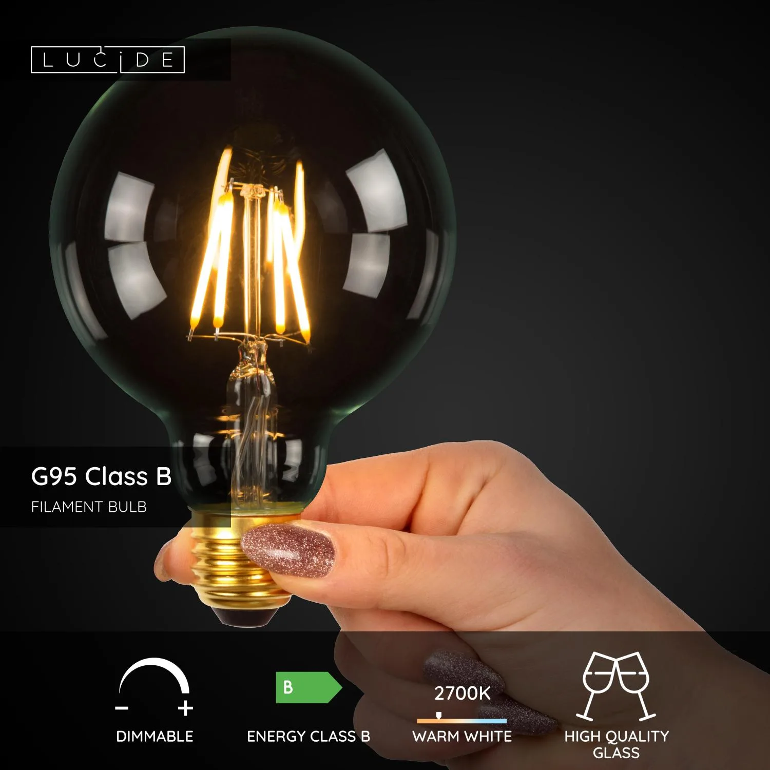G95 trieda B - Žiarovka s vláknom - Ø 9,5 cm - LED tlmená. - E27 - 1x7W 2700K - priehľadná – Obrázok 2