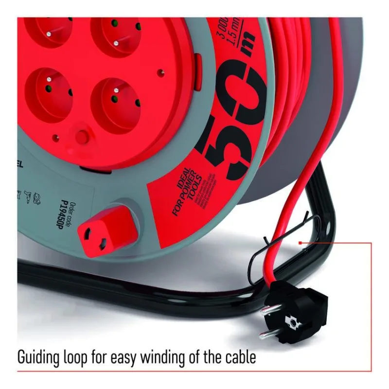 Predlžovací kábel na bubne 50 m / pevný stred / 4 zásuvky / červený / PVC / 230 V / 1,5mm2 – Obrázok 6