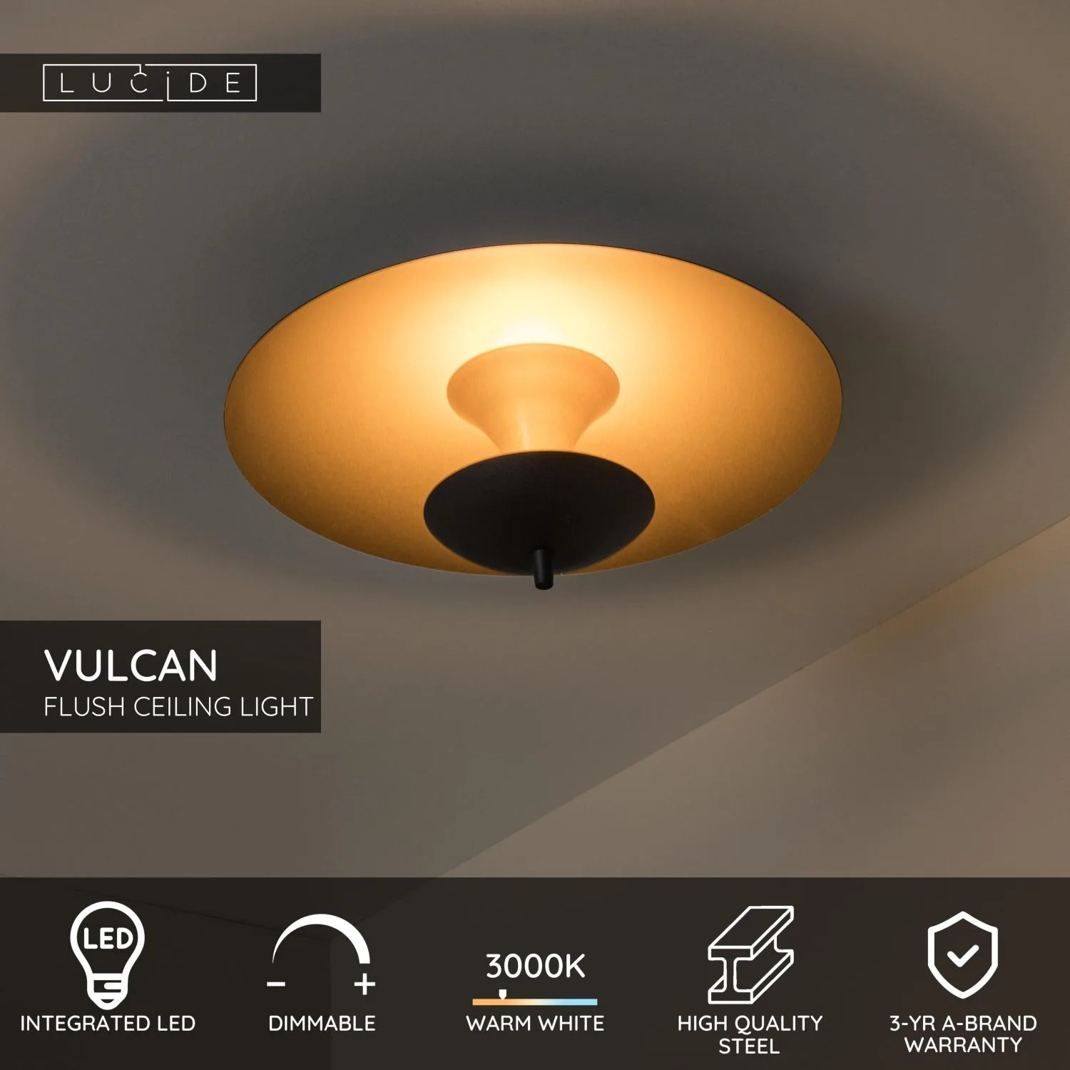 VULCAN – Stropné svietidlo na zapustenie – Ø 35 cm – LED s možnosťou stmievania – 1x9 W, 3000 K – čierna – Obrázok 3