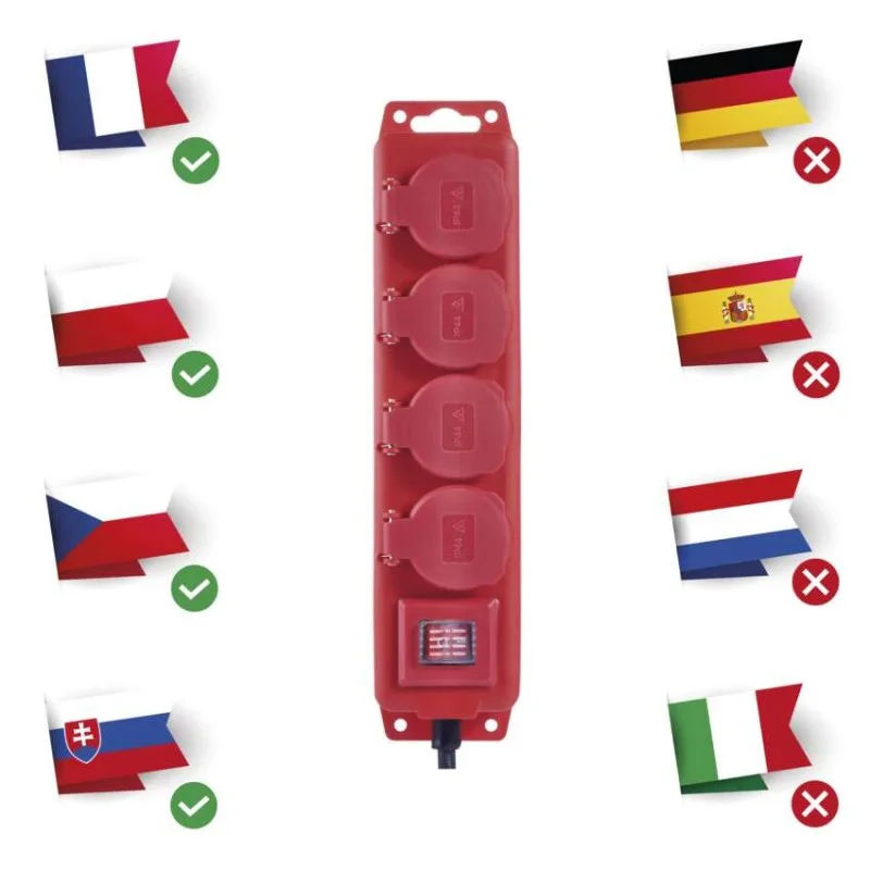 Predlžovací kábel 5 m / 4 zásuvky / s vypínačom / čierno-červený / guma-neoprén / 1,5 mm2 – Obrázok 3