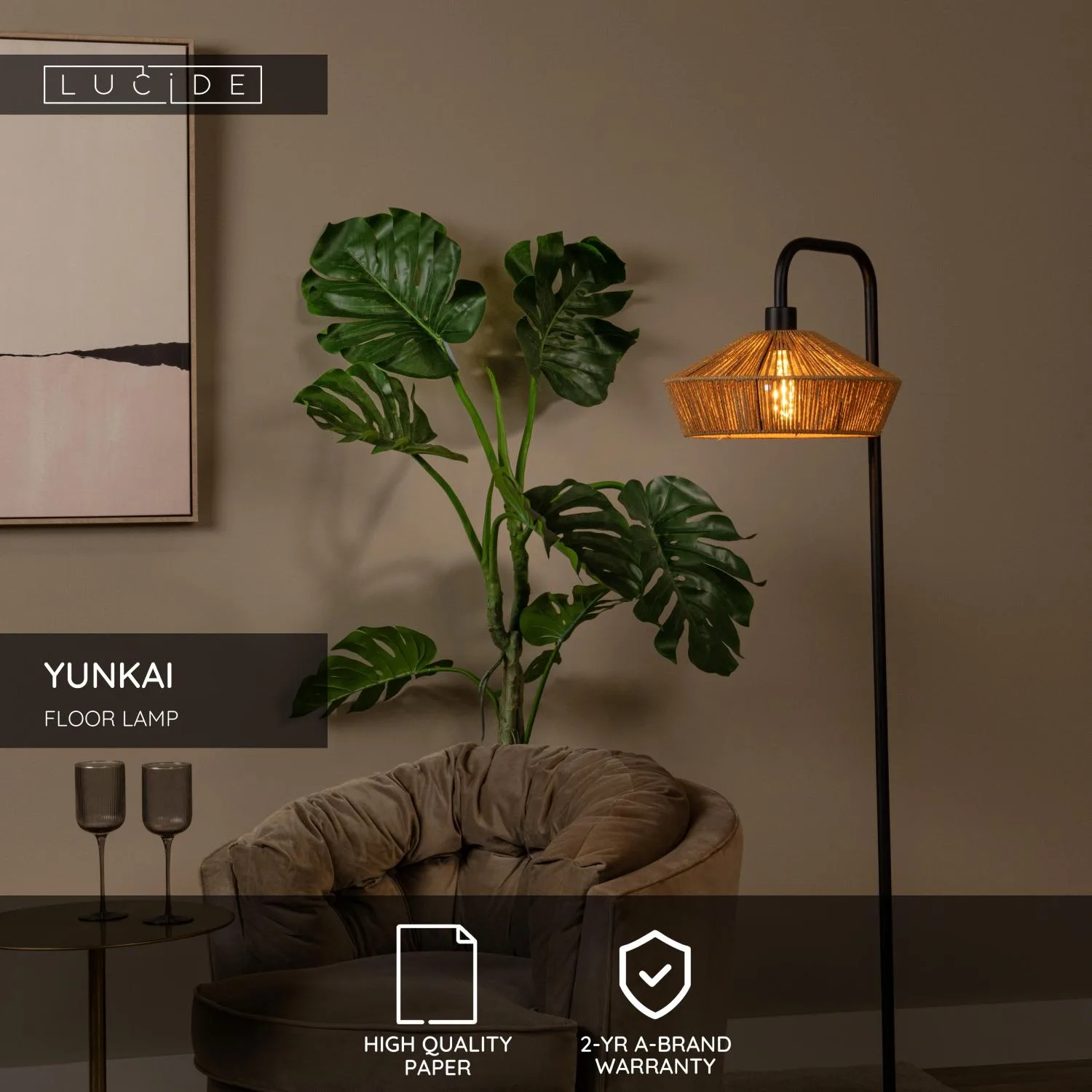YUNKAI – Stojaca lampa – Ø 40 cm – 1xE27 – prírodná farba – Obrázok 3