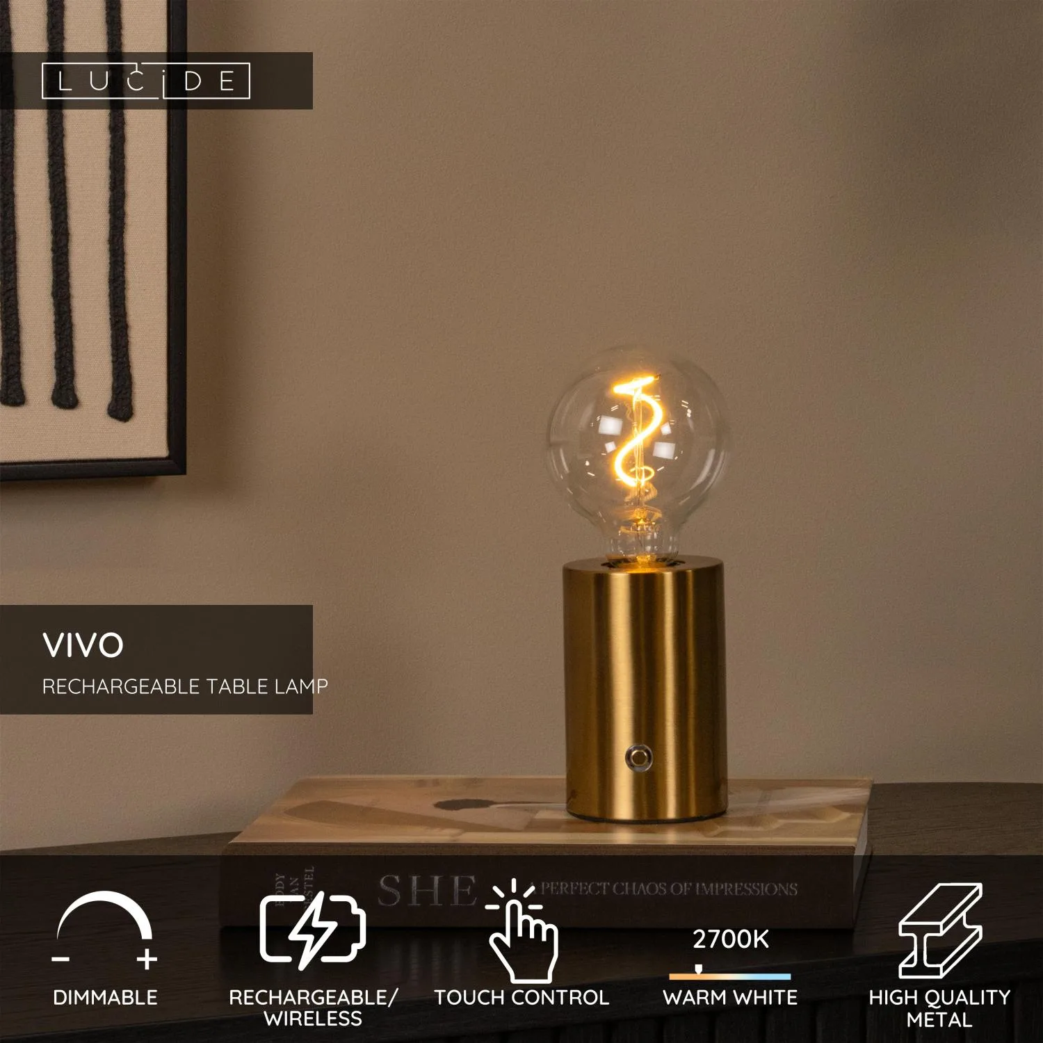 VIVO - Nabíjateľná stolná lampa - Batériový balík - Ø 8 cm - LED stmievaná. - E27 - 1x1W 2700K – Obrázok 3