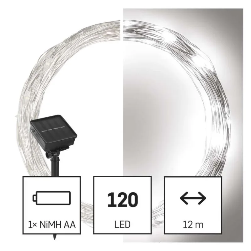 LED nano reťaz so solárnym panelom, medená, 12 m, vonkajšia aj vnút, studená biela, časova – Obrázok 3