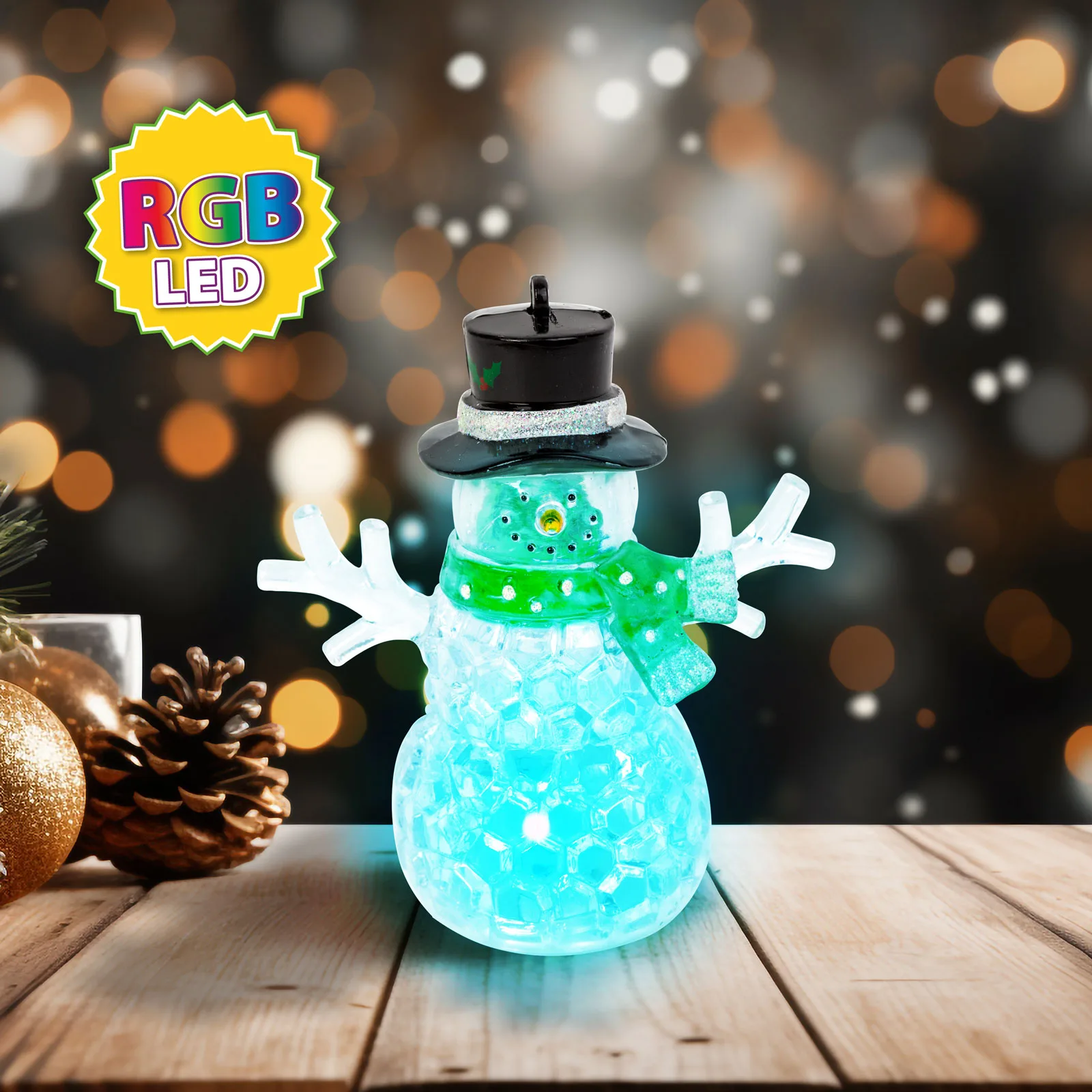 Vianočný LED snehuliak - zelený - RGB LED - 9 x 8 x 5 cm