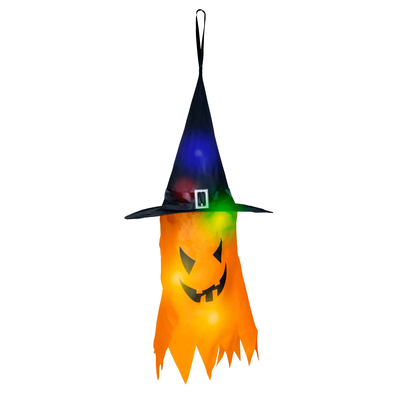 Halloweenska LED dekorácia - duch - žltá - 10 farebných LED - zavesiteľná - 2 x 2032 - 75 x 35 cm – Obrázok 2