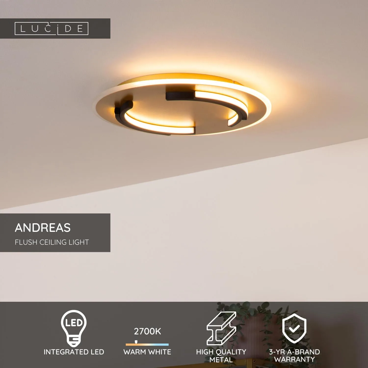 ANDREAS – Stropné svietidlo na zapustenie – Ø 39,6 cm – LED – 1x30 W, 2700 K – matná zlatá / mosadz – Obrázok 3