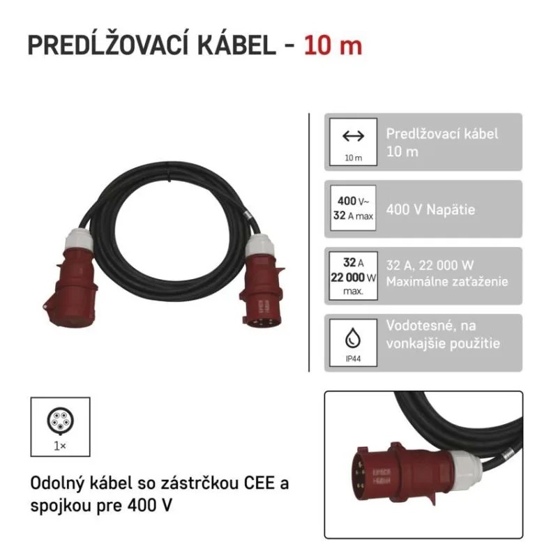 3 fázový vonkajší predlžovací kábel 10 m / 1 zásuvka / čierny / guma / 400 V / 4 mm2 – Obrázok 2