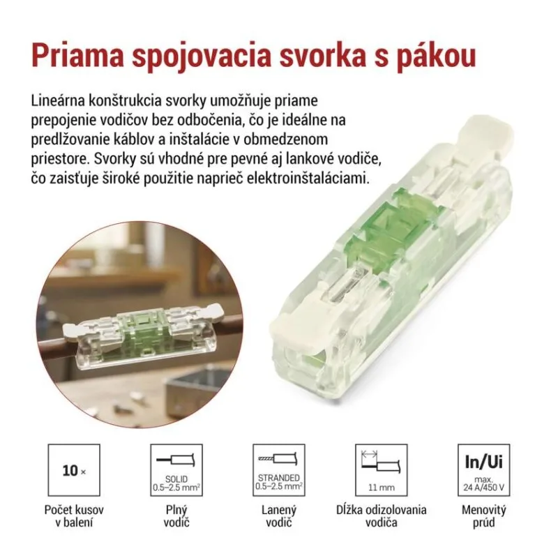 Priama páčková spojovacia svorka 2× 0,2–4 mm2, 10 ks – Obrázok 3