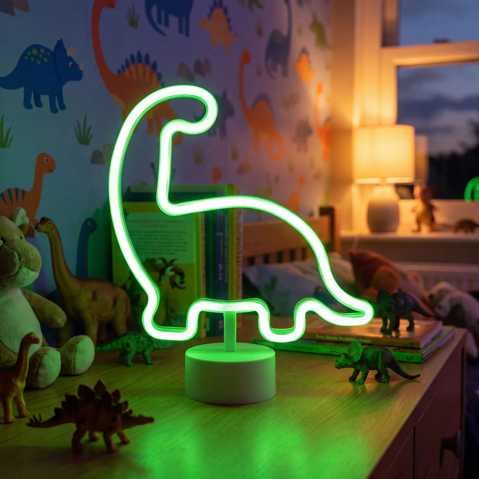 Neónová LED lampa - zelený dinosaurus - 3 x AA + USB - 25,9 x 8,5 x 24,3 cm – Obrázok 2