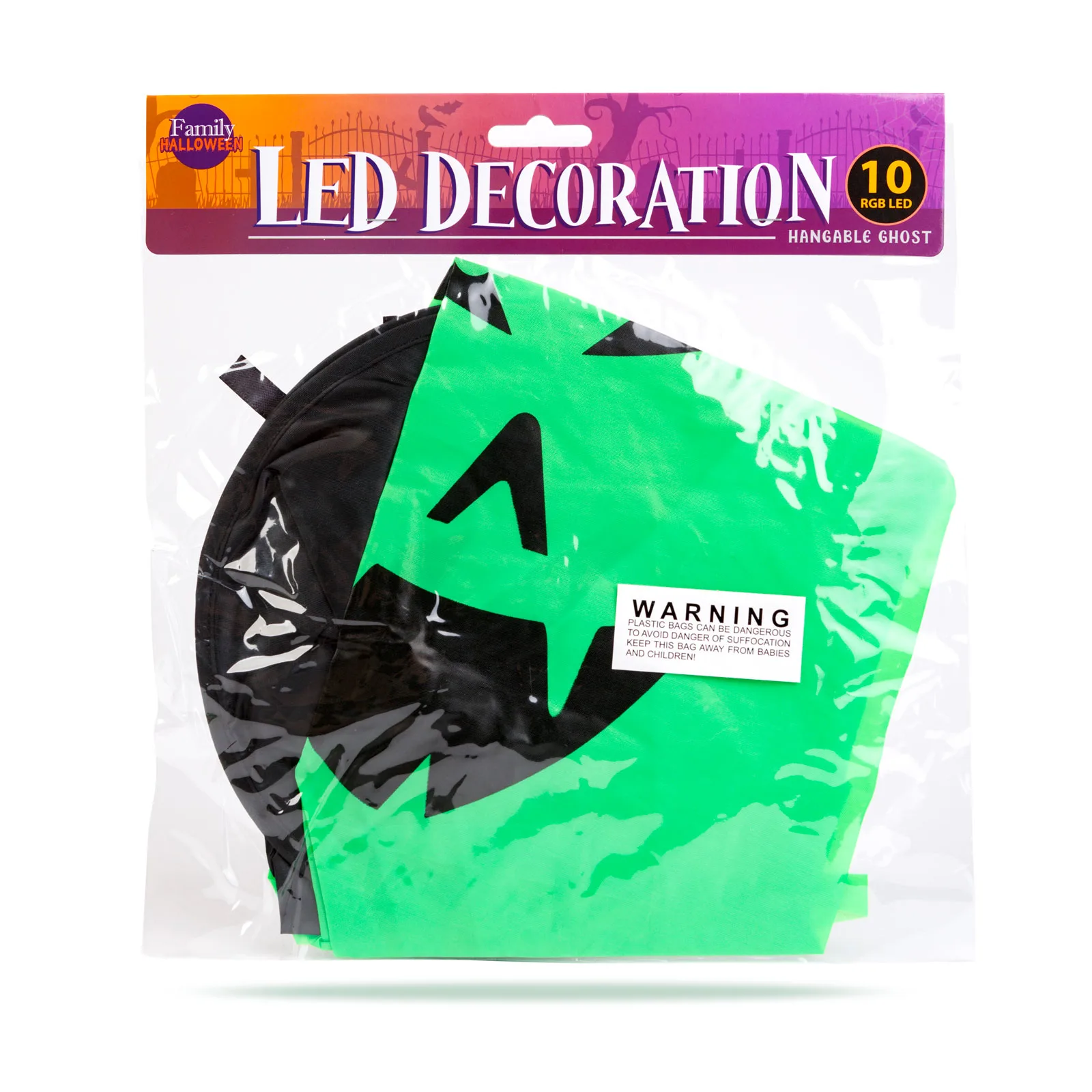 Halloweenska LED dekorácia - duch - zelená - 10 farebných LED - zavesiteľná - 2 x 2032 - 75 x 35 cm – Obrázok 3