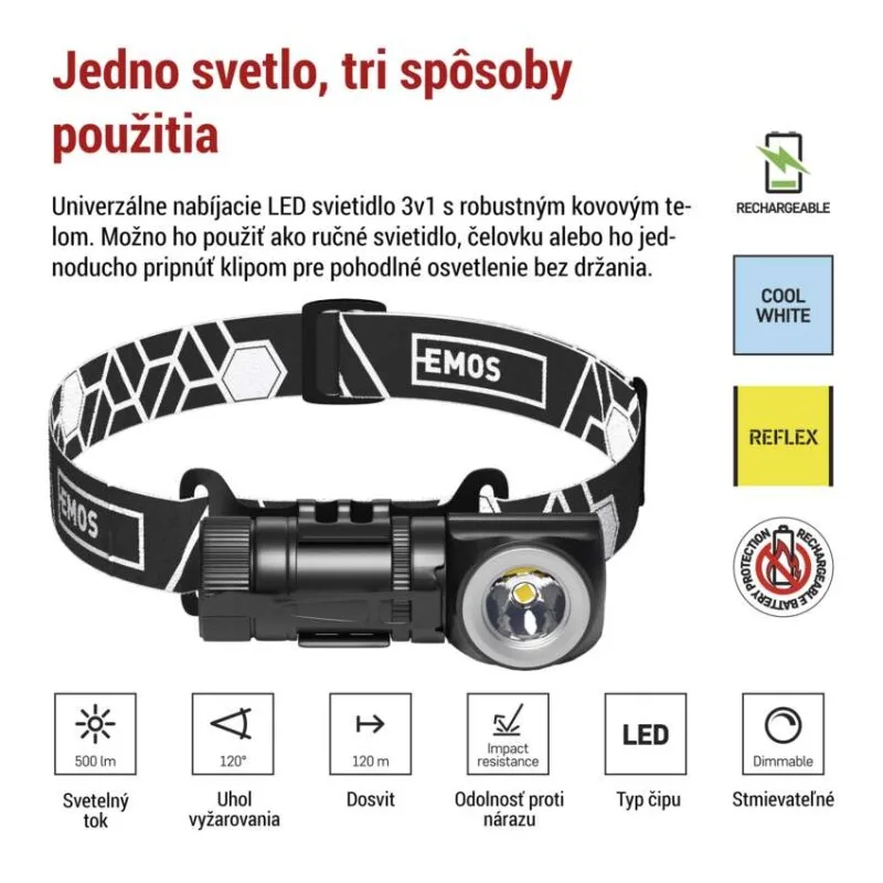 LED nabíjacia čelovka P3544, 500 lm, Li-Ion 800 mAh – Obrázok 3