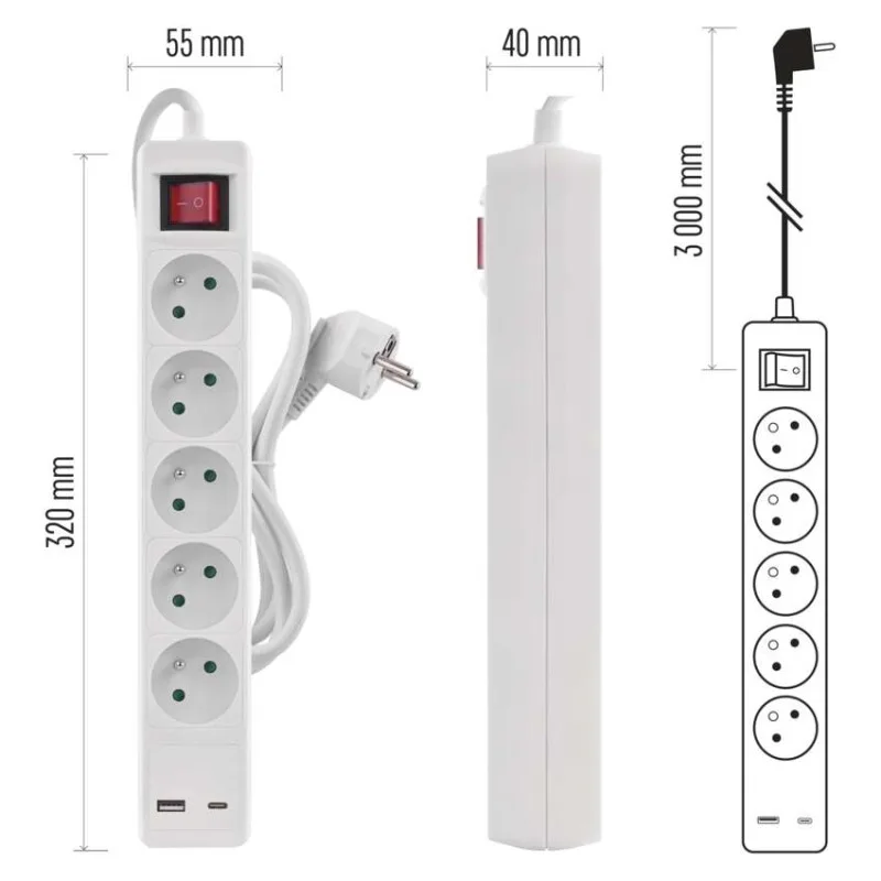 Predlžovací kábel 3 m / 5 zásuvky / s vypínačom / biely / 1×USB-A + 1×USB-C / 1,5 mm2 – Obrázok 11
