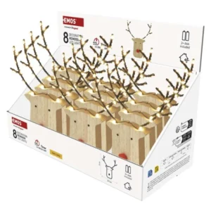 LED dekorácia drevená – sobík, 16 cm, 2x AAA, vnútorné, teplá biela, časovač, 12 ks, displ
