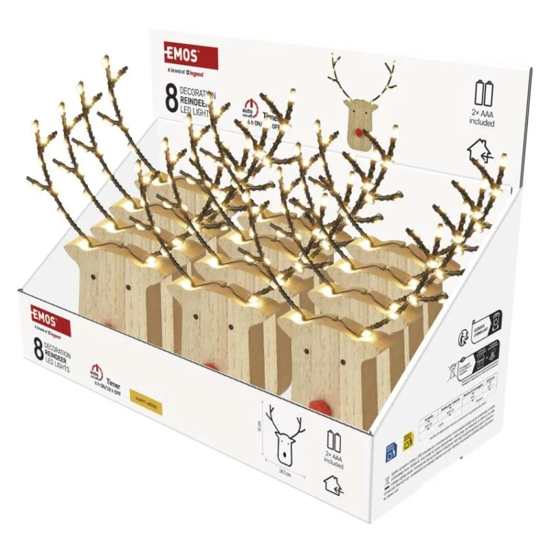 LED dekorácia drevená – sobík, 16 cm, 2x AAA, vnútorné, teplá biela, časovač, 12 ks, displ