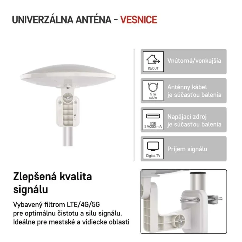 Anténa univerzálna VILLAGE MOON–V900, DVB-T2, FM, DAB, filter LTE/4G/5G – Obrázok 4