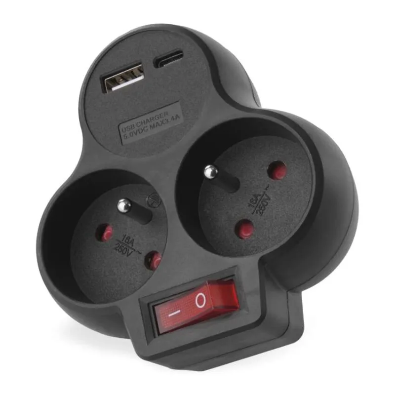 Rozbočovacia zásuvka 2×, vyp., 1×USB-A+1×USB-C, čierna