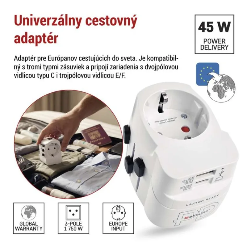 Cestovný univerzálny adaptér do zahraničia (USA, Ázia, Afrika), 1×USB-C, 1×USB-A – Obrázok 2
