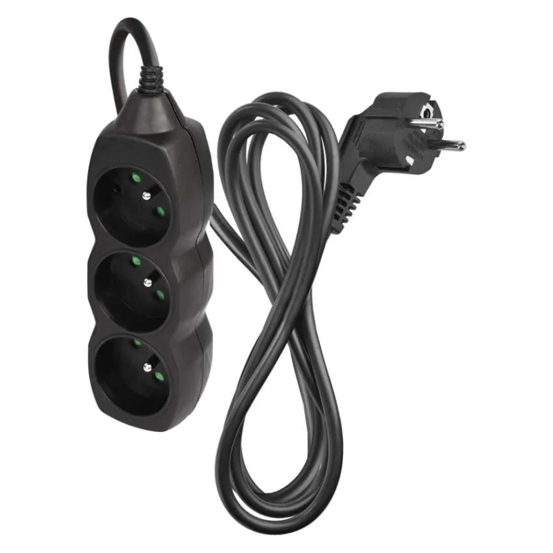 Predlžovací kábel 2 m / 3 zásuvky / čierny / PVC / 1 mm2 – Obrázok 2