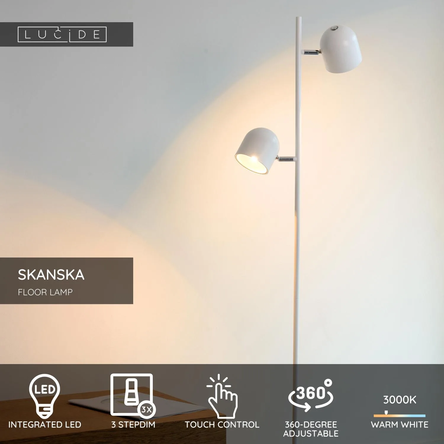 SKANSKA – Stojacie svietidlo – LED s 3-stupňovým stmievaním – 2×5 W, 3000 K – Obrázok 7