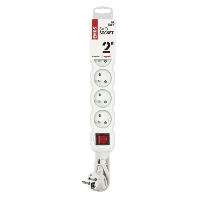 Predlžovací kábel 2 m / 5 zásuviek / s vypínačom / biely / PVC / 1 mm2 – Obrázok 4