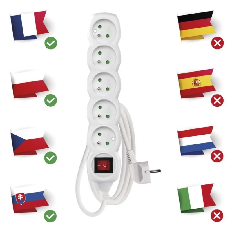 Predlžovací kábel 2 m / 5 zásuviek / s vypínačom / biely / PVC / 1 mm2 – Obrázok 5