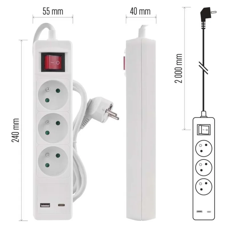 Predlžovací kábel 2 m / 3 zásuvky / s vypínačom / biely / 1×USB-A + 1×USB-C / 1,5 mm2 – Obrázok 11