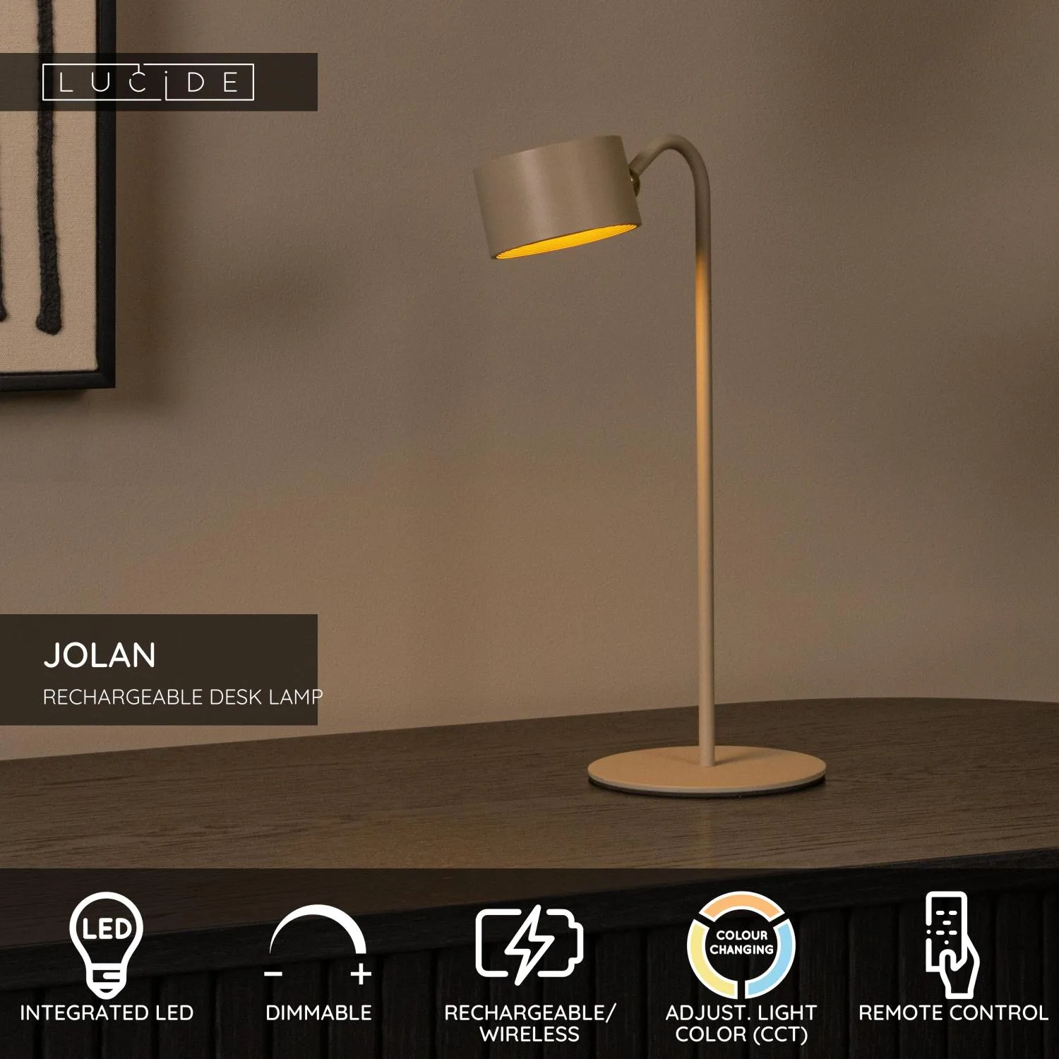 JOLAN - Nabíjateľná stolná lampa/svorková lampa/nástenná lampa - Batériový balík - LED Slabé na teplé - 1x3,5W 2700K/5700K - Taupe – Obrázok 3