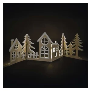 LED dekorácia drevená – vesnička, 60 cm, 2x AA, teplá biela, časovač
