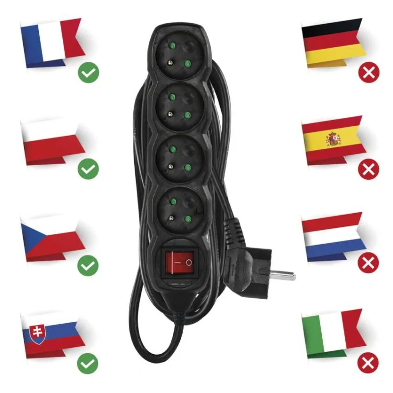 Predlžovací kábel 5 m / 4 zásuvky / s vypínačom / čierny / PVC / 1,5 mm2 – Obrázok 5