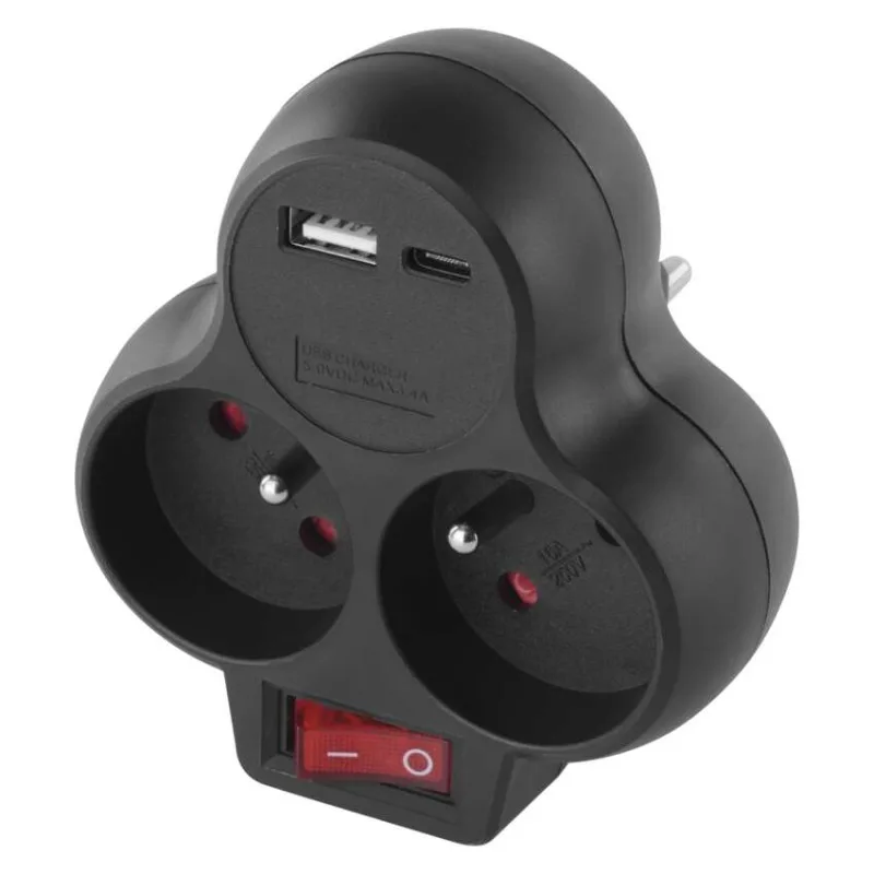 Rozbočovacia zásuvka 2×, vyp., 1×USB-A+1×USB-C, čierna – Obrázok 2
