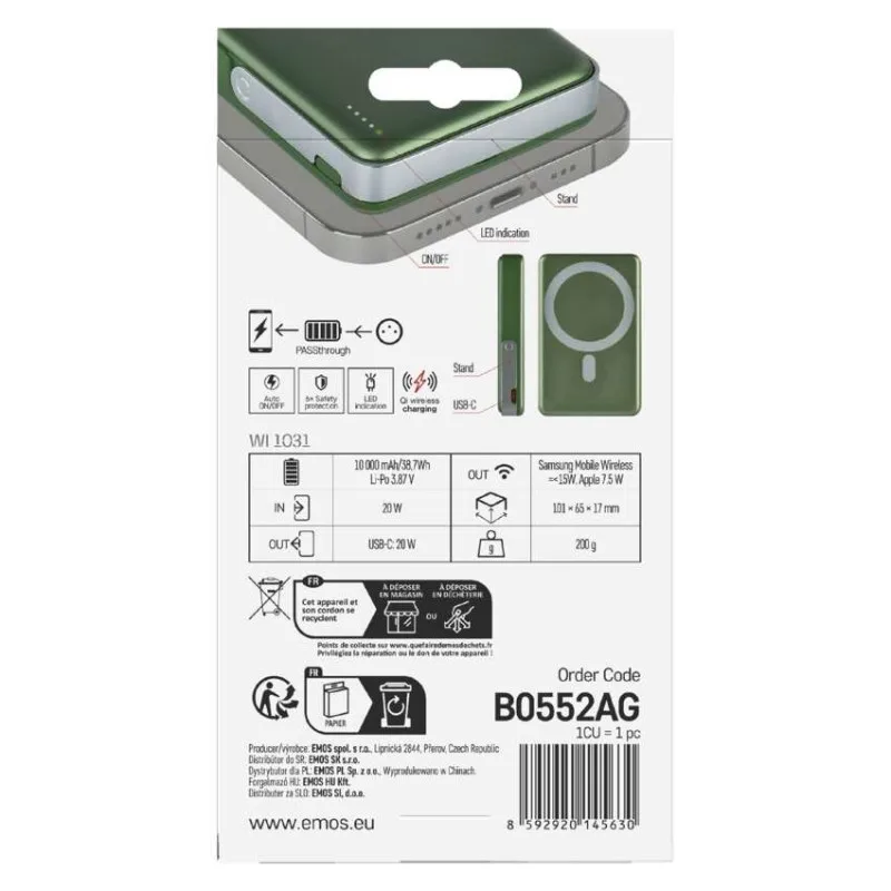 Power bank EMOS WI 1031, 10 000 mAh, 20 W+Wireless, army-green – Obrázok 17