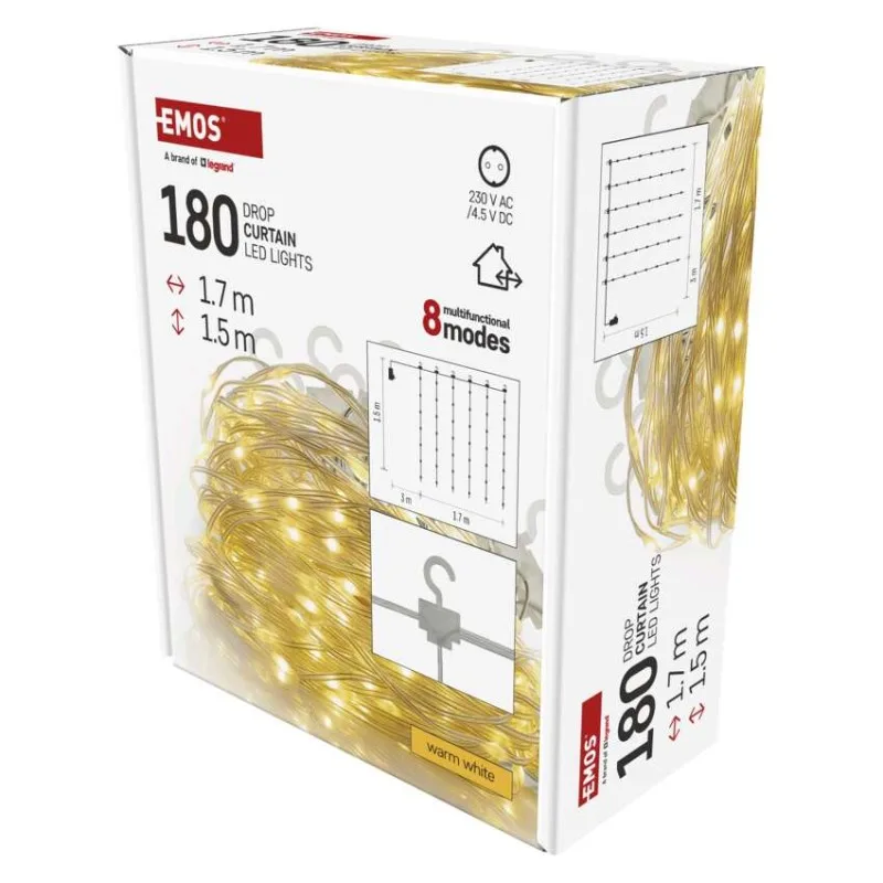 LED vianočná drop reťaz – záclona, 1,7x1,5 m, vonkajšia aj vnútorná, teplá biela, programy – Obrázok 2