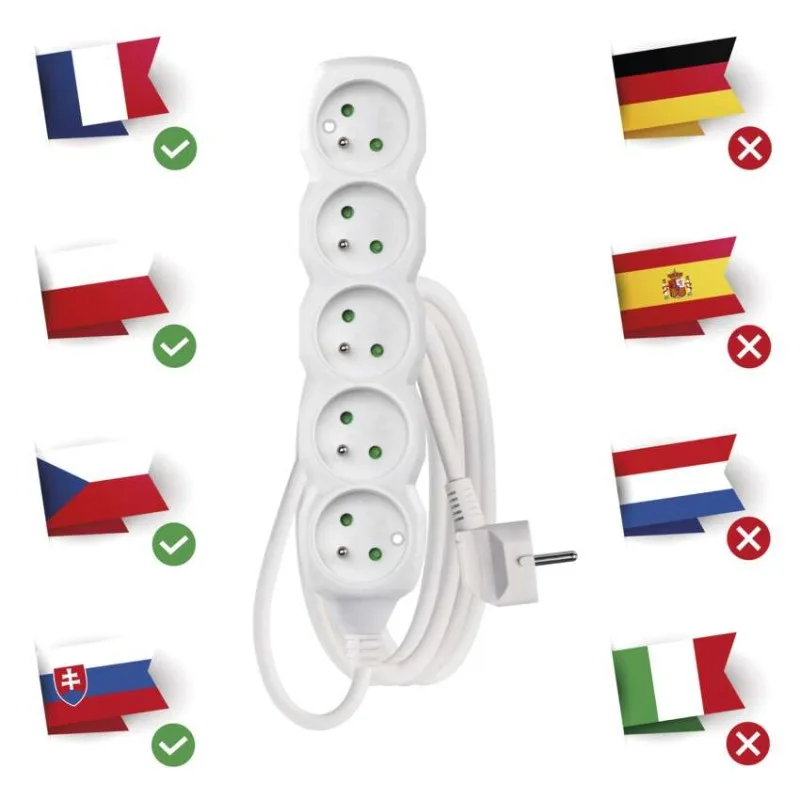 Predlžovací kábel 2 m / 5 zásuviek / biely / PVC / 1 mm2 – Obrázok 5