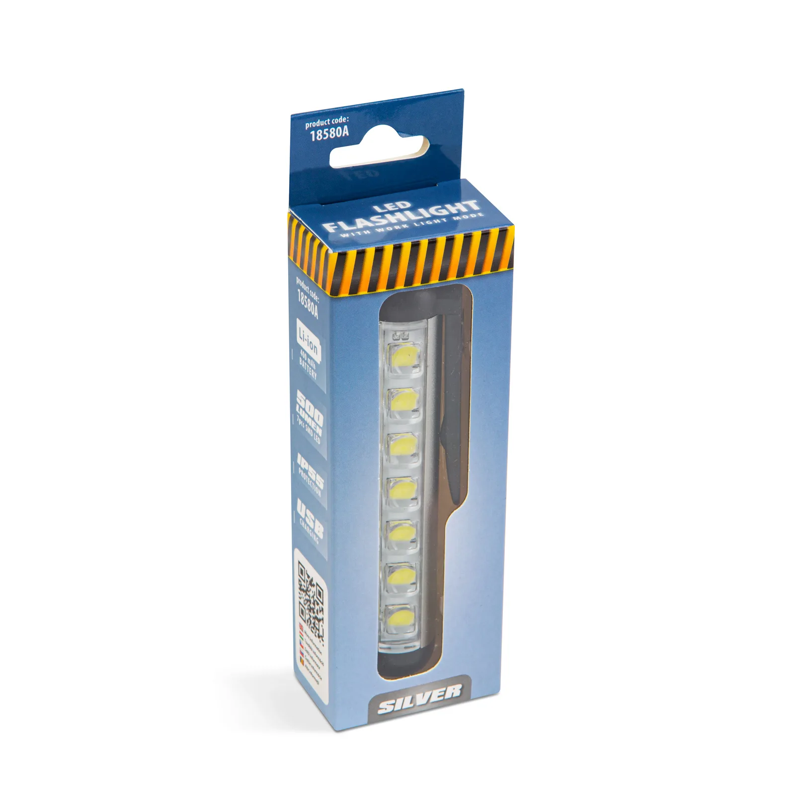 LED baterka - režim pracovnej lampy - 400 mAh akumulátor - XPE + SMD LED - 500 lm - IP55 - strieborn – Obrázok 3