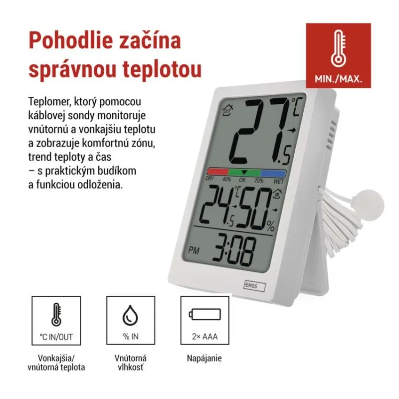 Digitálny teplomer s vlhkomerom, drôtový snímač, budík E0558P – Obrázok 3
