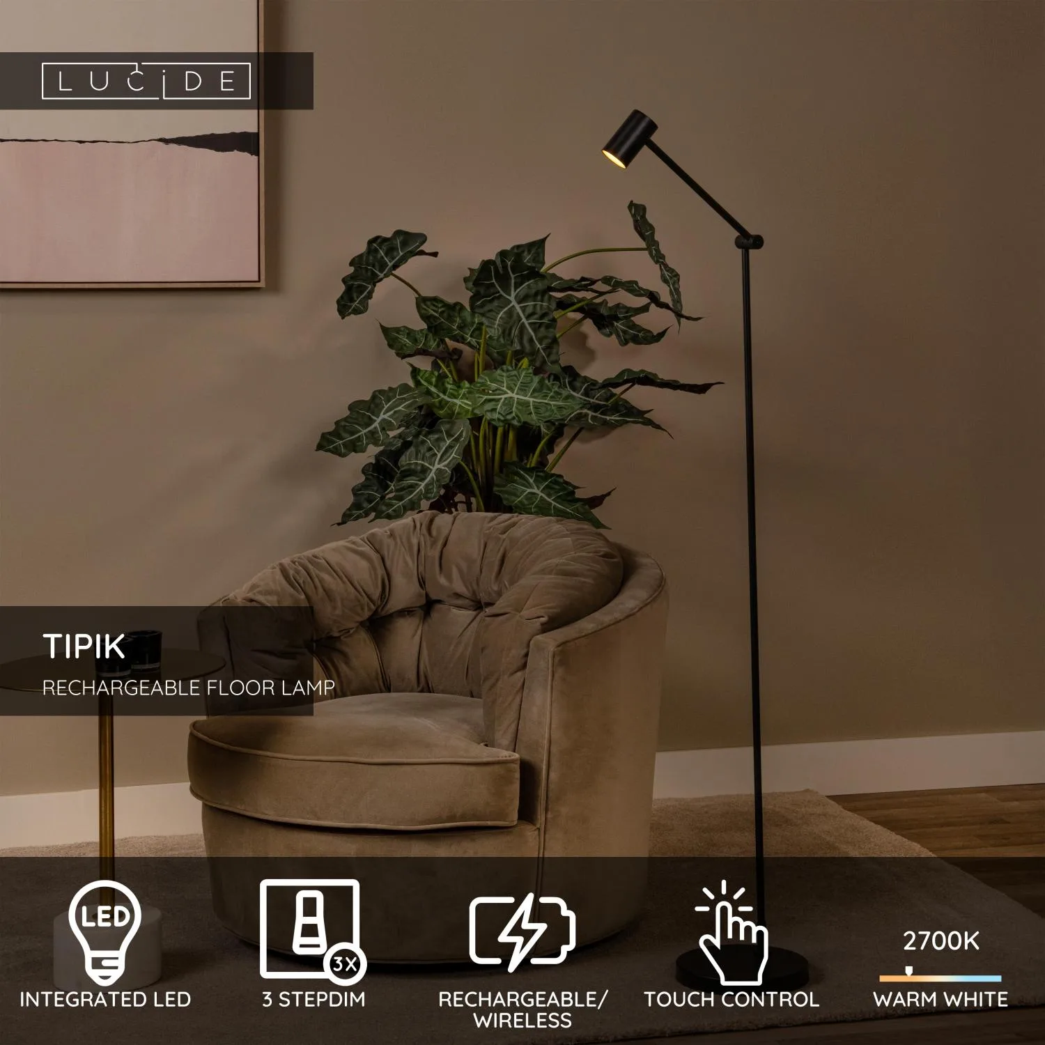 TIPIK - Nabíjateľná stojaca lampa - Batériový balík - LED 3 StepDim - 1x3W 2700K - čierna – Obrázok 3