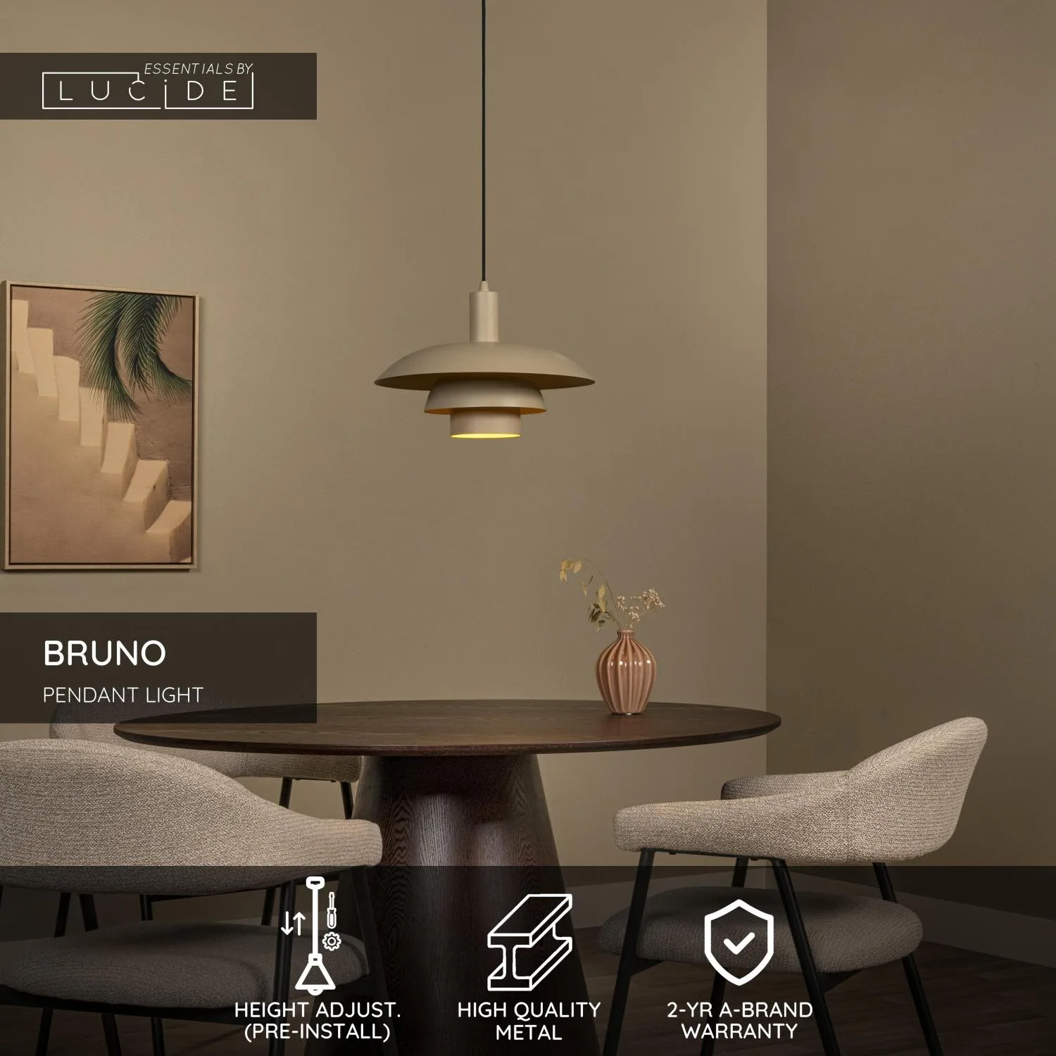 BRUNO - Závesné svetlo - Ø 38 cm - 1xE27 - Taupe | Essential – Obrázok 3